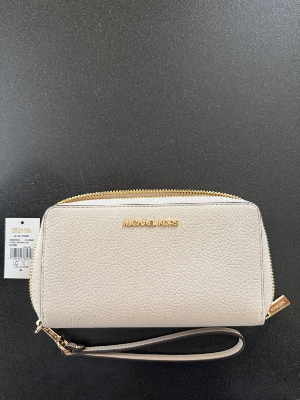 Michael Kors Pebbled Leather Wristlet in Light cream with Gold Hardware
